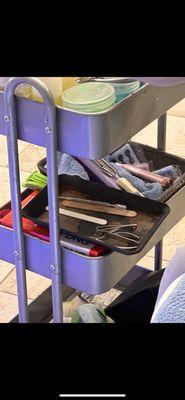 Rusty tray w/ unsanitized equipment