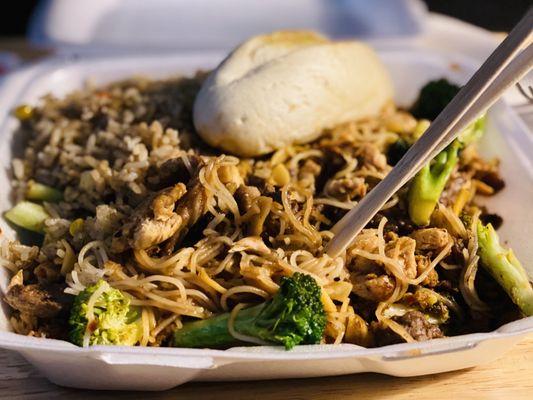 Double meat plate with variety noodles, beef, pork, chicken, turkey, fried rice and a roll = $14.99