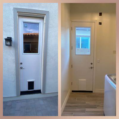 Smooth Flush Fiberglass Door W/1/2 Lite Clear Low-E Glass W/Doggy Door Insert W/Kwikset Dorian Lever