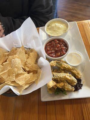 Sample appetizer platter. Chips and salsa, spinach artichoke dip and fried pickles.