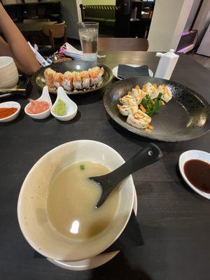 Paradise (at the top left). Tiger Roll (on the right). Miso Soup (bottom).