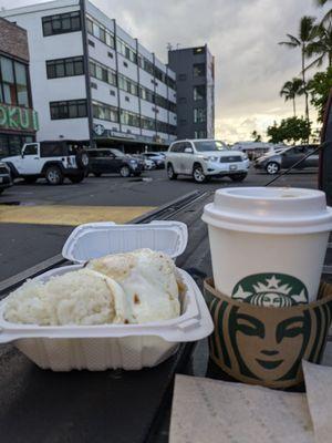 The Breakfast Bento excluding the Starbucks.$6.00 egg choice w/ choice of sausage or bacon served with two scoops white or fried rice.