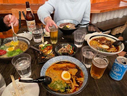 From 12 o'clock and clockwise - traditional pork ramen spice 0, mushroom lover ramen spice 5, souper spicy pork ramen, and Chicken Tantanmen