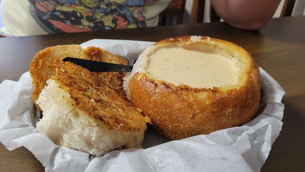 Clam chowder in a bread bowl