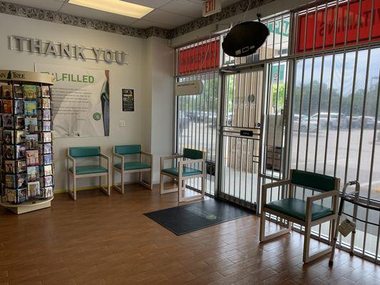 The pharmacy's  beautiful waiting area while we fill your prescription.