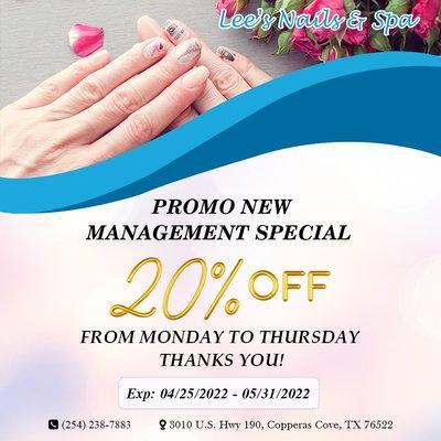 Enjoy our new management promotion!
Lee's Nails & Spa
3010 E Highway 190, Copperas Cove, TX 76522
(254) 238-7883