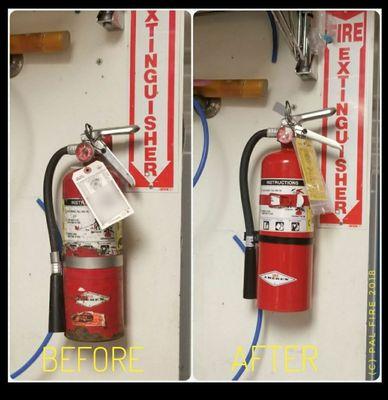 Client was paying for years for service of a Damaged Extinguisher for years with another co! We got that fixed & installed metal brackets.