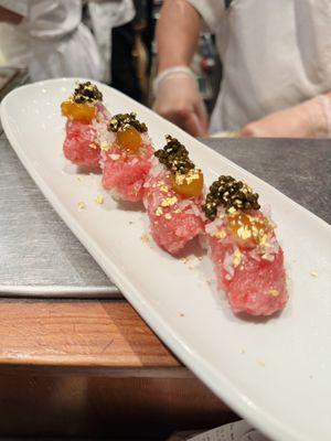 Ohagi (special mince toro with black caviar, marinated egg-yolk and gold flakes)