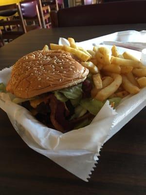 Godzilla double cheeseburger with bacon and french fries