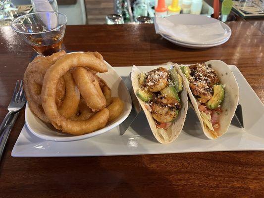 Shrimp tacos and onion rings