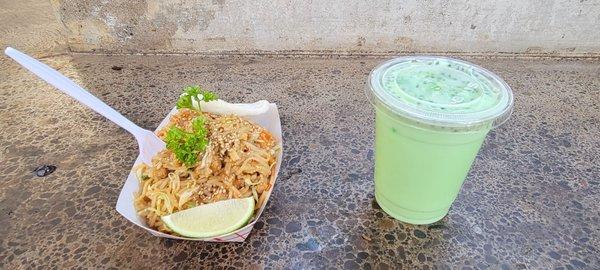 Noodle salad and creamy soda