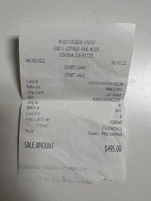 Receipt of the amount I paid out of pocket