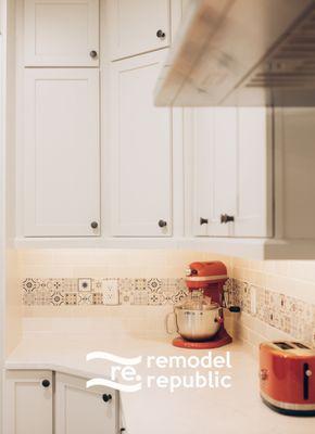 Alabaster Cabinets with Mid Century Design Backsplash and Kitchen Aid Mixer