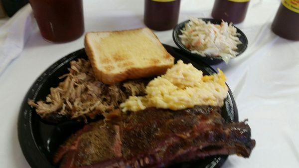 Rib and pork combo with slaw and hash brown casserole