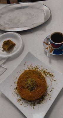 From left to right: Pistachio baklava, knafeh, and Armenian coffee