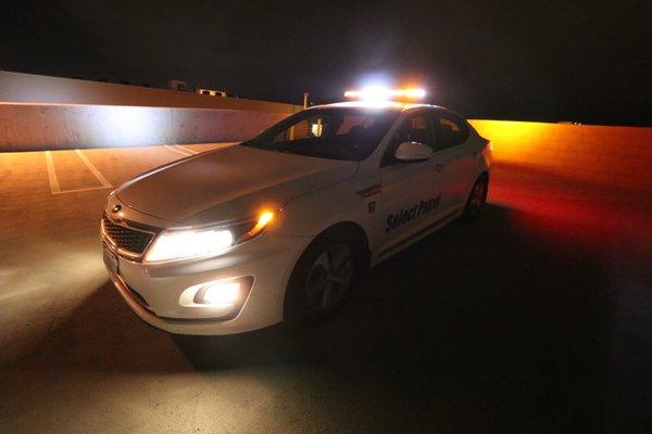 Unit #07 on patrol in a residential parking garage.