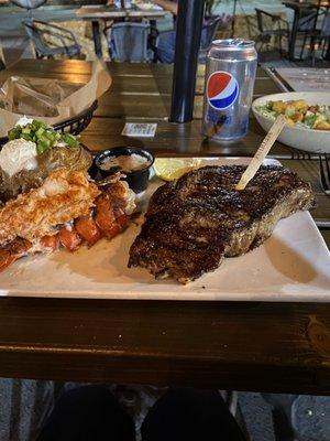 12 oz Steak, Lobster tail, loaded baked potato