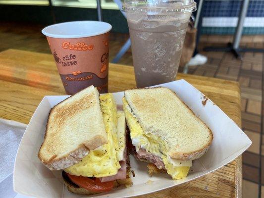 Ham & cheese breakfast sandwich and iced/blended mocha.