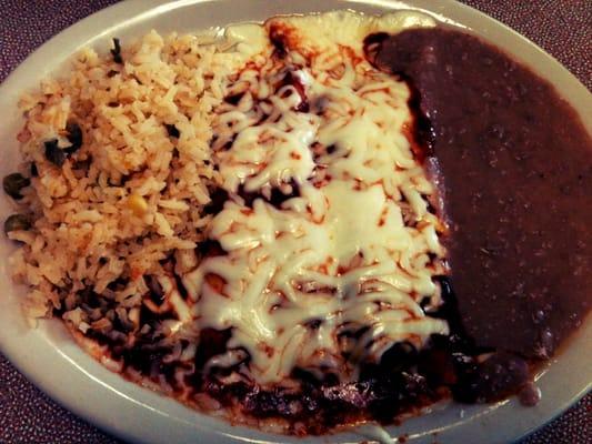 Two cheese enchiladas, rice and beans.