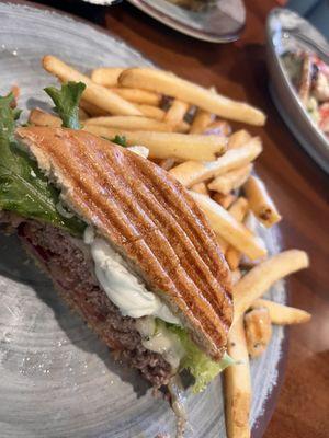 Lamb burger and fries