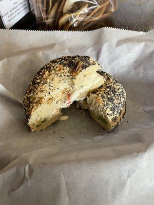 Everything bagel with veggie cream cheese