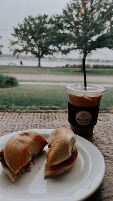 Honey lavender latte and breakfast bagel