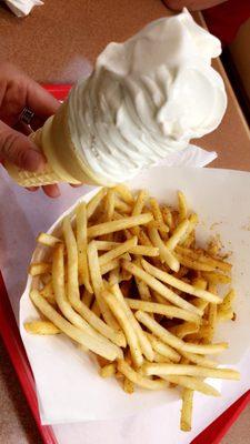 Vanilla soft serve ice cream and garlic fries- YUM!