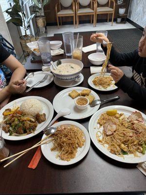 Top to bottom(tom kha soup, fried tofu, crispy pork belly, chai siu pad Thai).