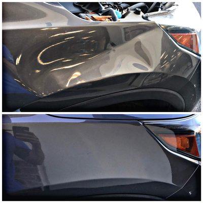 Before and after of a huge dent on a fender