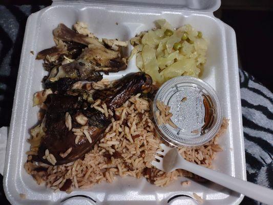 Jerk chicken (mushy) salty veggies and tasteless rice and beans