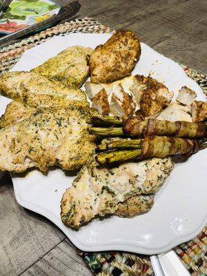 Chicken assortment and asparagus bundles. We loved the lemon pepper the most.