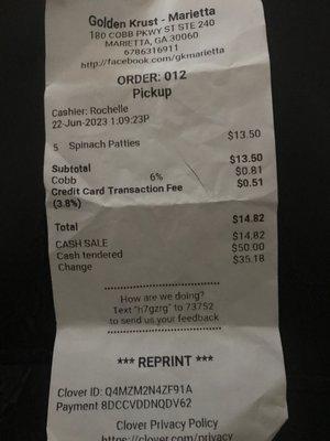 Receipt for order