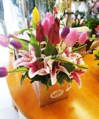 Tulip and Lilies  on vase. Great for gifts.