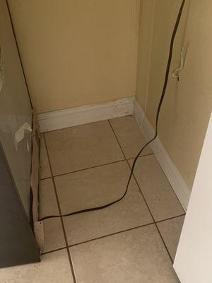 Used a germ-fighting solution to sanitize the area. Dampen a clean cloth in the solution and wipe down the wall, and the floor.