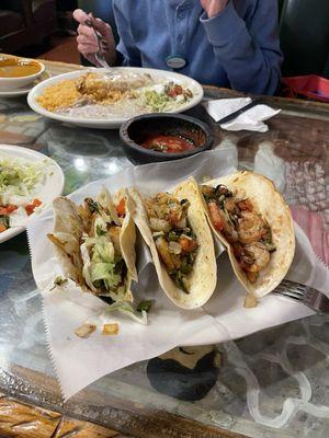 Grilled shrimp tacos and a chicken Quesadilla