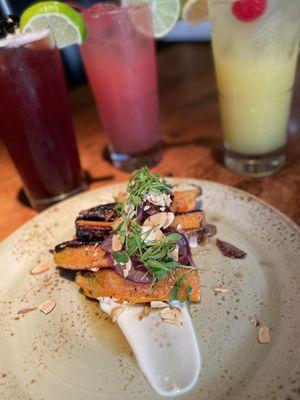 Roasted heirloom carrots and mocktails- smoked yogurt, caramalized onion