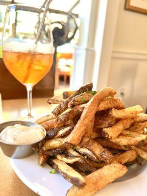 Twice fried Belgian style fries w/buttermilk garlic dill mayo...which goes well with my Aperol Spritz. I feel like I'm back in Europe!