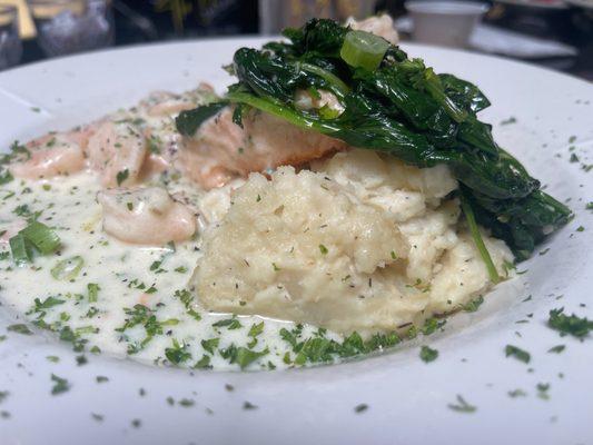 Salmon, cauliflower smash, shrimp sauce and spinach