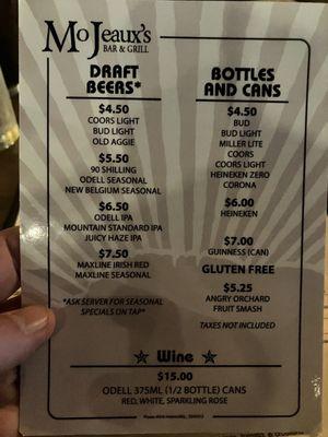 Drink menu