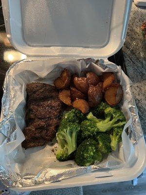 Flat iron steak (Saturday special) with red potatoes and broccoli to go.