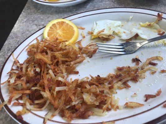 Sorry, I gobbled up my food. Two eggs over medium and burnt hash browns.