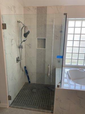 Custom Shower with 2 drains with a 36" door. Robert the installer/did the custom measurements. Thank you!