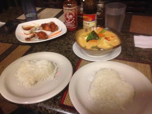 Amazing Thai chicken wings with plum sauce, rice, and red curry!!