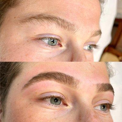 Blonde brows are the best candidates for tinting, which is meant to dye brow hair. Last up to 6 weeks.