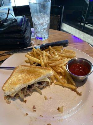 Old Fashioned Patty Melt and seasoned shoestring fries. Leftovers in the toaster oven the next day for lunch. So good!!