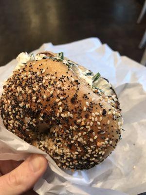 Everything bagel with fried onion and chive cream cheese.