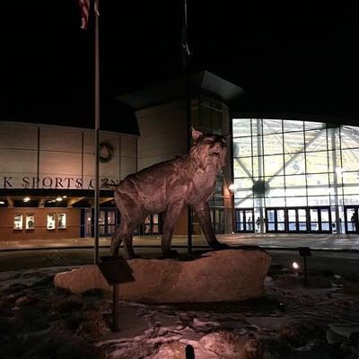 Bobcat statue outside the front entrance