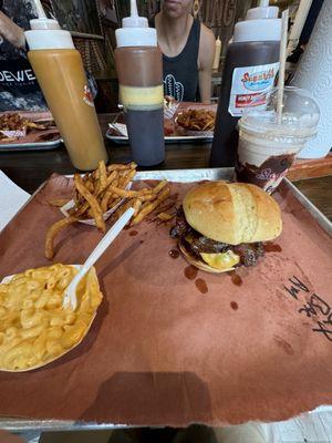 Double burger fires Mac and cheese and chocolate milkshake