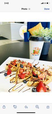 Protein waffles mixed fruit and hot coffee