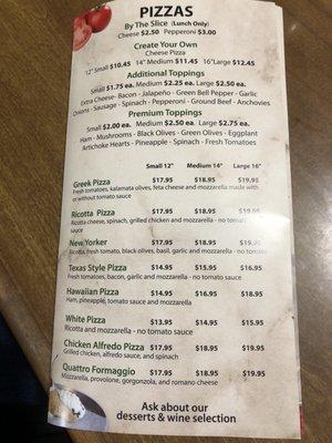 Menu specialty pizzas